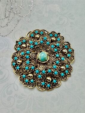 Vintage Turquoise Czech Floral Brooch - #cz780